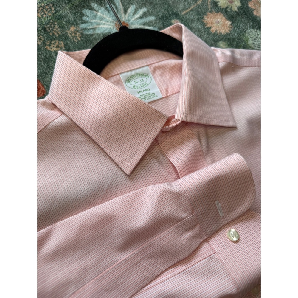 Brooks Brothers Milano Dress Shirt Mens 16-33 Pink Striped NonIron Supima Cotton